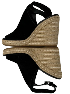 Prada Black Suede Open Toe Espadrille Slingback Wedges *NEW*
