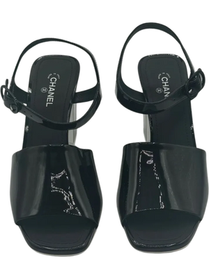 Chanel Black Patent Leather CC Block Heel Ankle Strap
