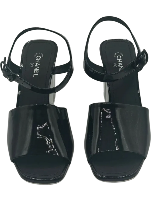 Chanel Black Patent Leather CC Block Heel Ankle Strap