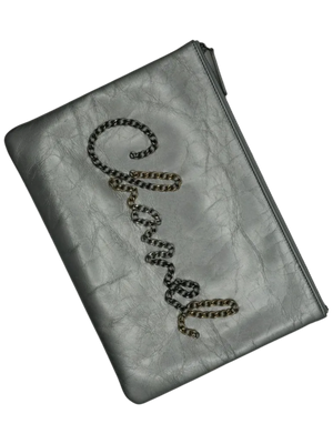 Chanel Written In Chain Metallic Crumpled Calfskin Signature Pouch Silver