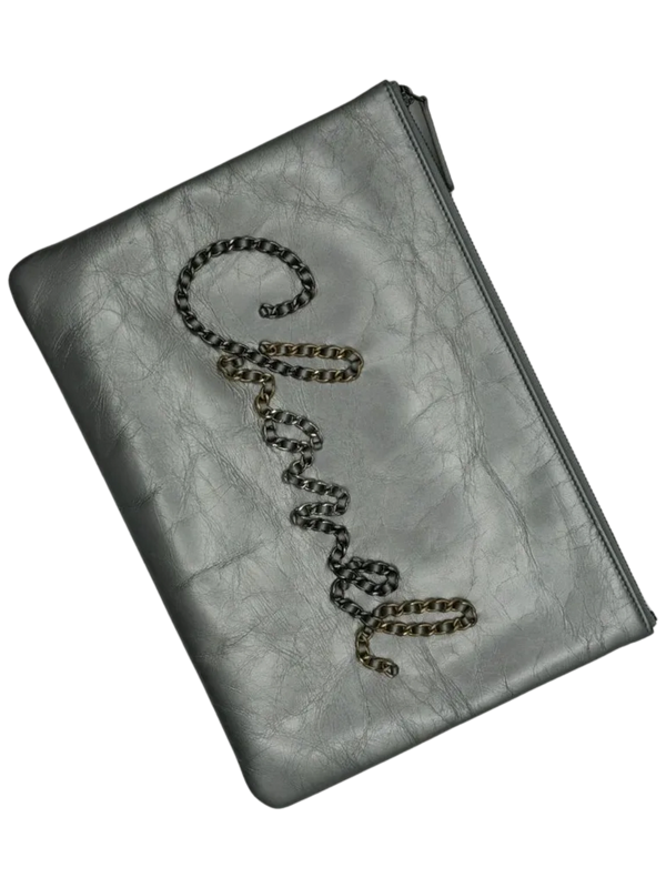 Chanel Written In Chain Metallic Crumpled Calfskin Signature Pouch Silver