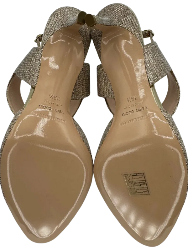 Nicholas Kirkwood Metallic Beige Glitter Fabric Ankle Strap Sandalsn *NEW*