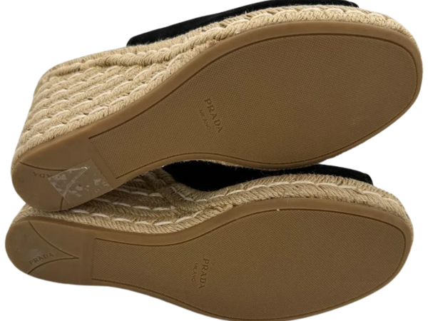 Prada Black Suede Open Toe Espadrille Slingback Wedges *NEW*