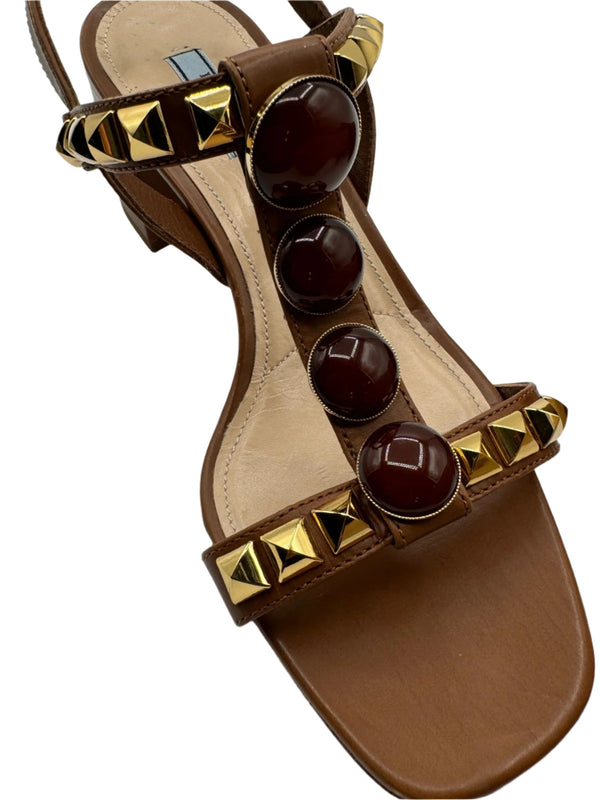 PRADA Cognac Brown Jeweled Stones Studded Sandal - Sz 39