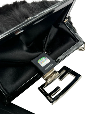 FENDI Mini Baguette Black Fur and Rhinestone/Silver Hardware