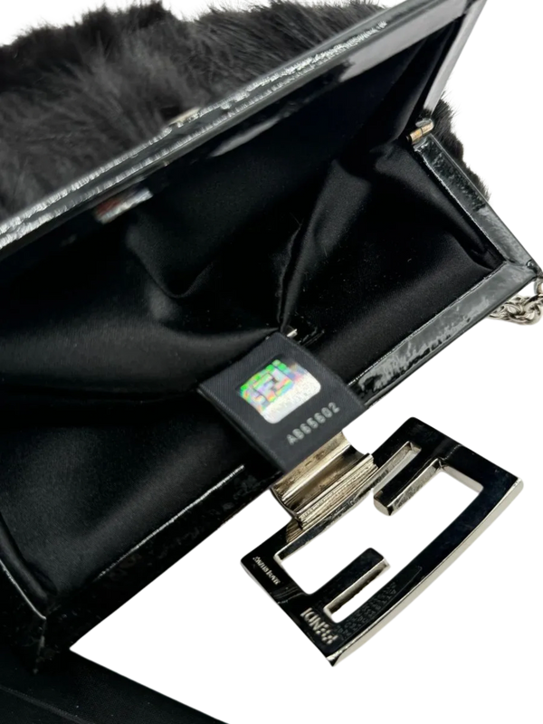 FENDI Mini Baguette Black Fur and Rhinestone/Silver Hardware