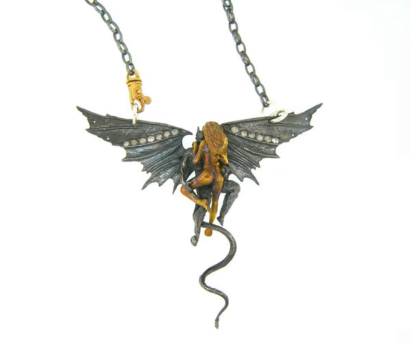 Alp Sagnak Angel & Devil Necklace with Spread Wings – 18K Gold, Oxidized Silver & Diamonds