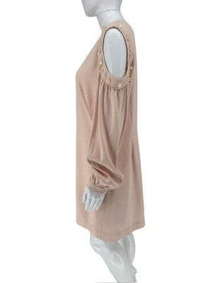Pamella Roland Blush Cold-Shoulder Dress with Pearlized Button Detail – Large