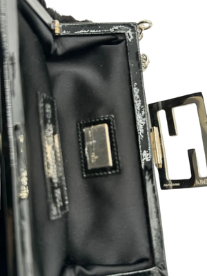FENDI Mini Baguette Black Fur and Rhinestone/Silver Hardware