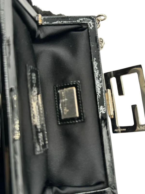 FENDI Mini Baguette Black Fur and Rhinestone/Silver Hardware