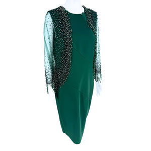 Pamella Roland Rich forest green Beaded Overlay Cut Out Long Sleeve Cape Dress Sz 8