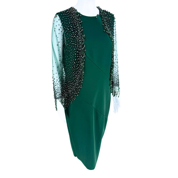 Pamella Roland Rich forest green Beaded Overlay Cut Out Long Sleeve Cape Dress Sz 8