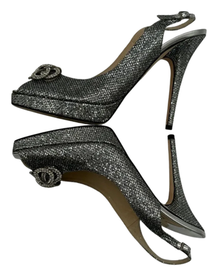 Jimmy Choo Silver Glitter Crystal Embellished Ankle Strap Platform Sandal