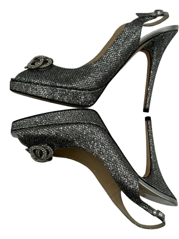 Jimmy Choo Silver Glitter Crystal Embellished Ankle Strap Platform Sandal