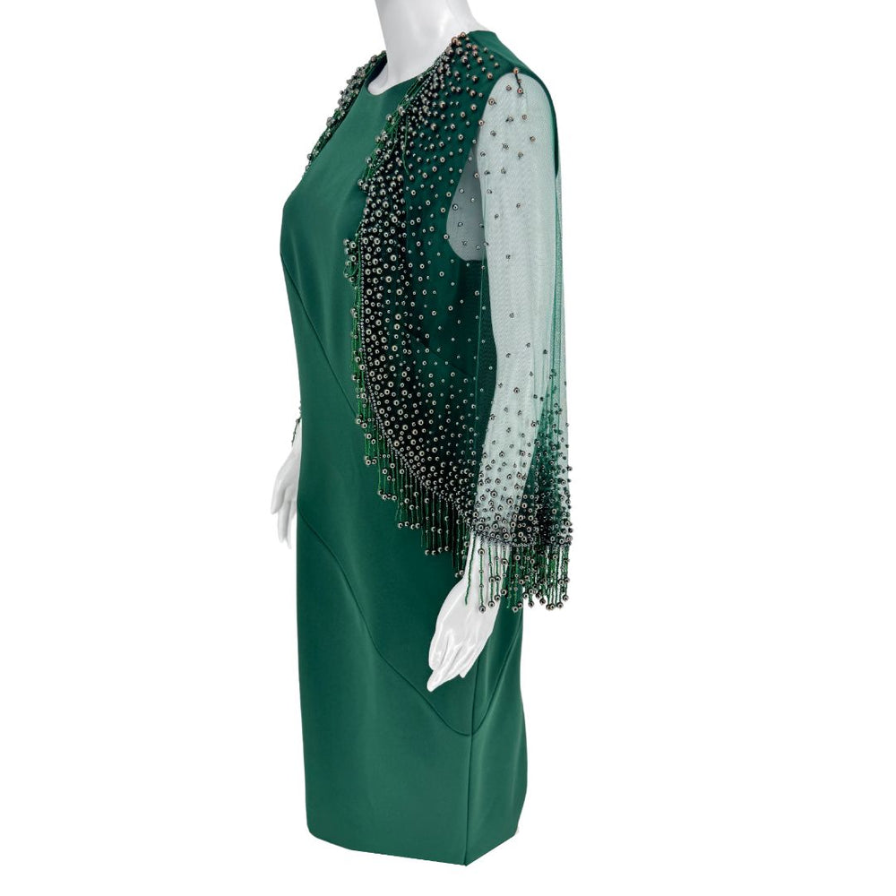 Pamella Roland Rich forest green Beaded Overlay Cut Out Long Sleeve Cape Dress Sz 8
