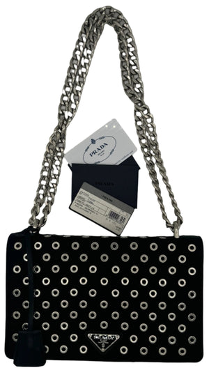 Prada Tessuto Nylon Soft Calf Grommet Chain Shoulder Bag Nero Black