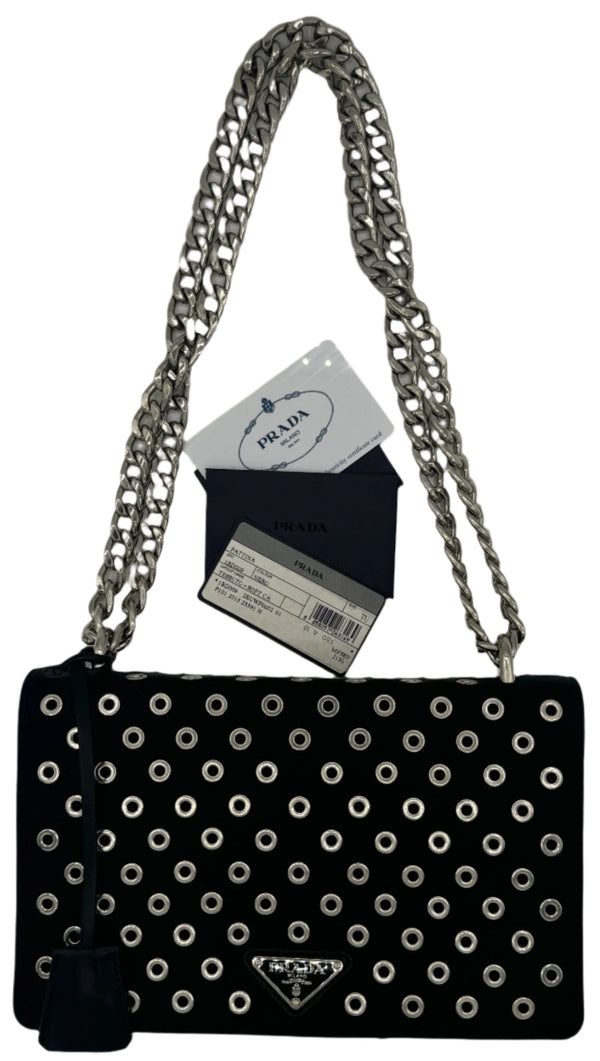 Prada Tessuto Nylon Soft Calf Grommet Chain Shoulder Bag Nero Black