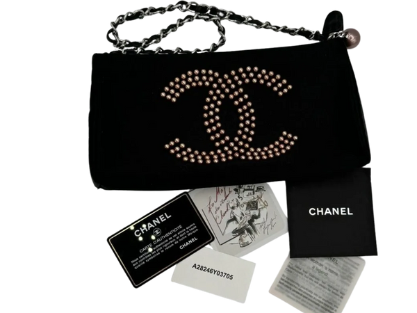 Chanel Black Satin Baguette Pochette Beaded Shoulder Bag