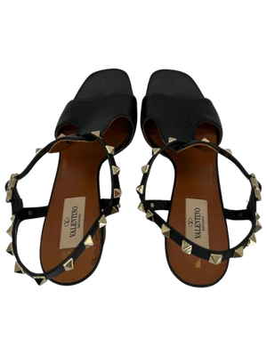 Valentino Black Leather Rockstud Open Toe Block Heel Ankle Strap Sandals