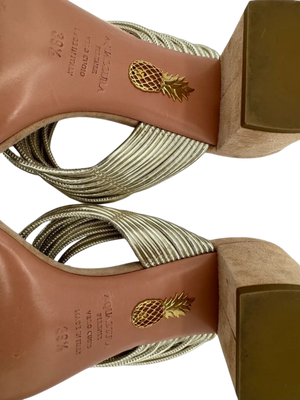 Aquazzura Taupe/Silver Suede And Leather Rendez Vous 50 Slide Sandals