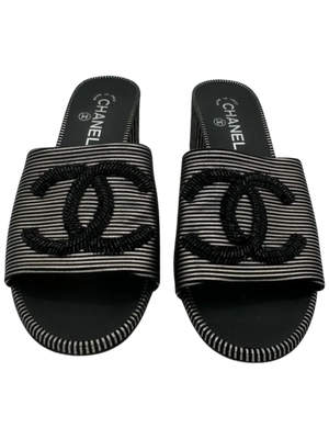 Chanel Women's CC Slide Sandals Embellished Striped Suede Sz. 39.5