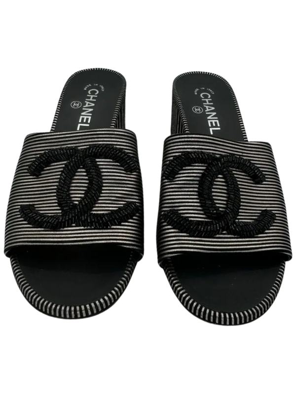 Chanel Women's CC Slide Sandals Embellished Striped Suede Sz. 39.5