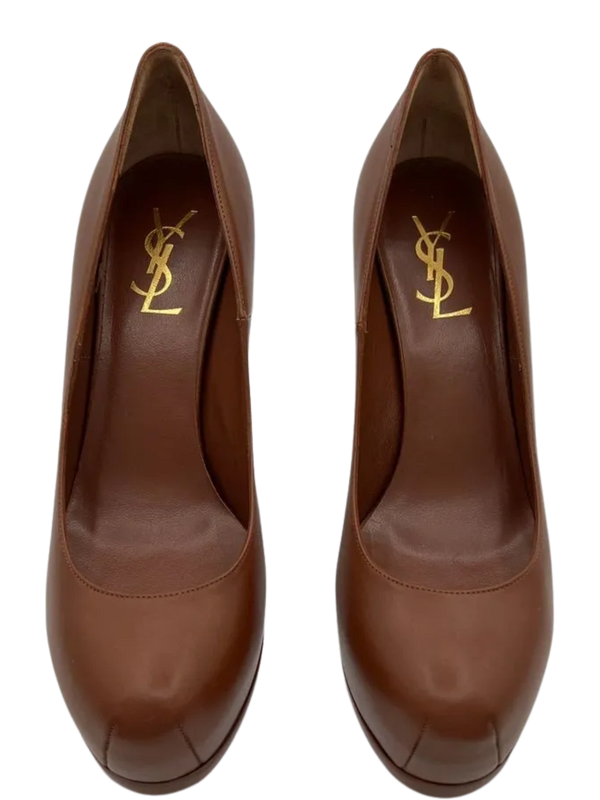 YSL Cognac Leather Tribtoo Platform Heels - NEW