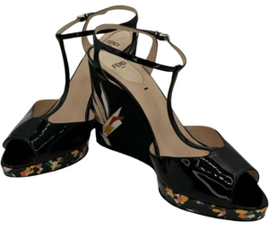 Fendi Black Patent Bird Of Paradise T Strap Wedge Sandals Size 39