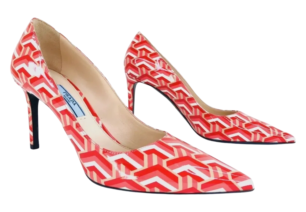 Prada Vernice St. Twis Patent Leather Pointed Toe Logo Heels *NEW*