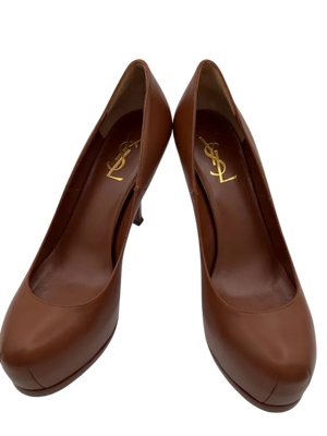 YSL Cognac Leather Tribtoo Platform Heels - NEW