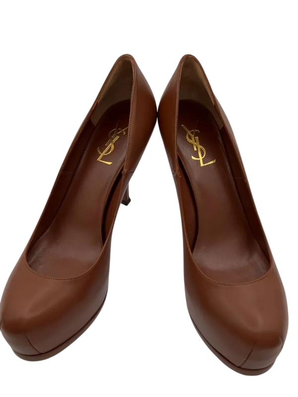 YSL Cognac Leather Tribtoo Platform Heels - NEW