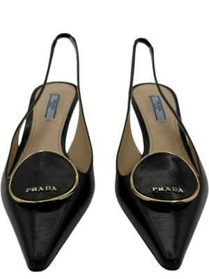 Prada Pointed Toe Round Orbit Logo Leather Slingbacks *NEW*