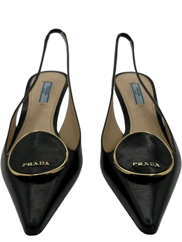 Prada Pointed Toe Round Orbit Logo Leather Slingbacks *NEW*