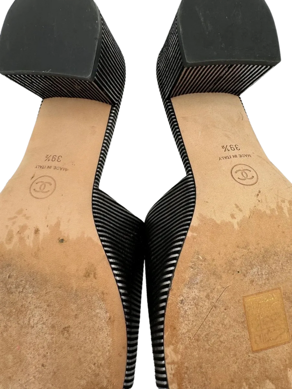 Chanel Women's CC Slide Sandals Embellished Striped Suede Sz. 39.5