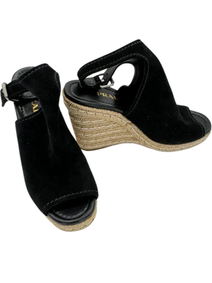 Prada Black Suede Open Toe Espadrille Slingback Wedges *NEW*