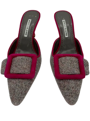 Manolo Blahnik Maysale 70MM Grey Tweed Mules
