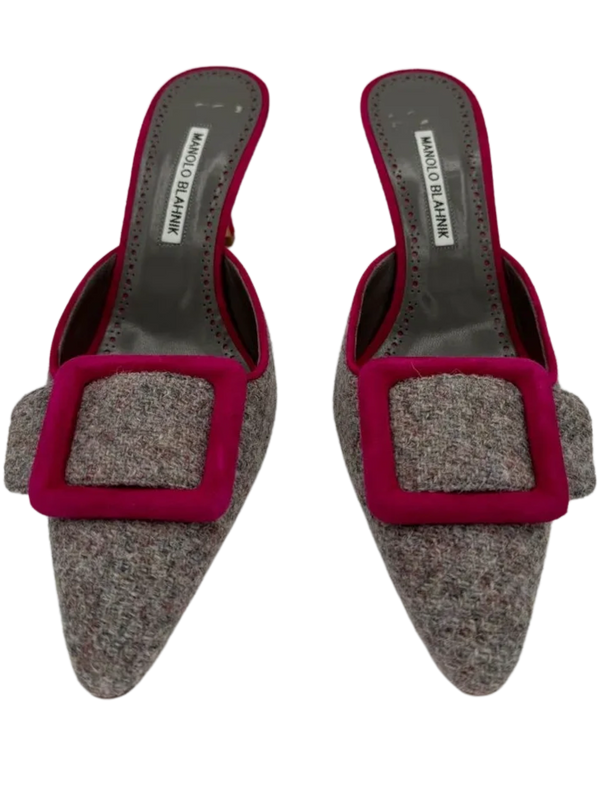 Manolo Blahnik Maysale 70MM Grey Tweed Mules