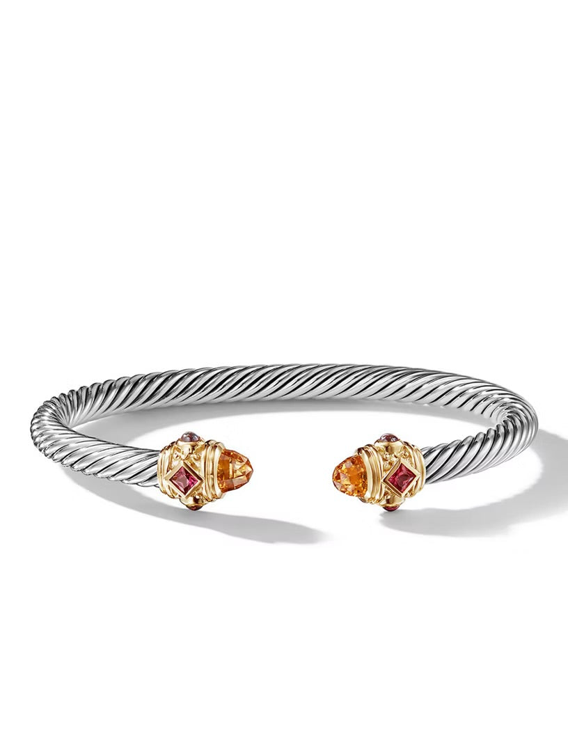 David Yurman Renaissance Bracelet in Sterling Silver & 14K Yellow Gold with Green Onyx, Chrome Diopside & Hampton Blue Topaz – 5mm