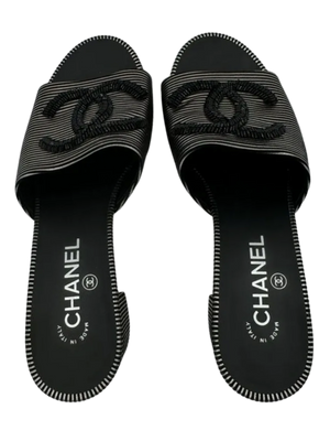 Chanel Women's CC Slide Sandals Embellished Striped Suede Sz. 39.5