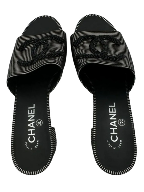 Chanel Women's CC Slide Sandals Embellished Striped Suede Sz. 39.5