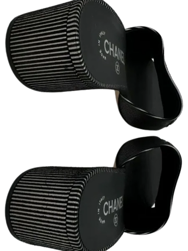 Chanel Women's CC Slide Sandals Embellished Striped Suede Sz. 39.5