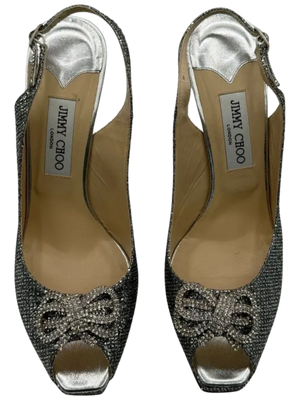 Jimmy Choo Silver Glitter Crystal Embellished Ankle Strap Platform Sandal