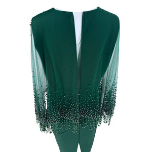 Pamella Roland Rich forest green Beaded Overlay Cut Out Long Sleeve Cape Dress Sz 8