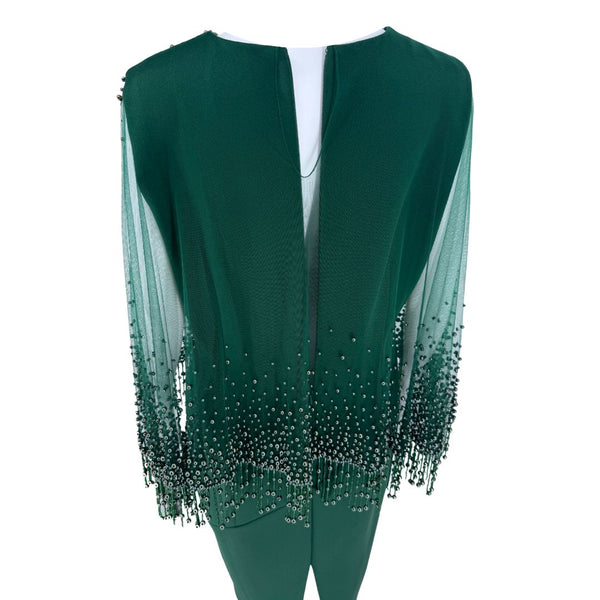 Pamella Roland Rich forest green Beaded Overlay Cut Out Long Sleeve Cape Dress Sz 8