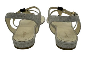 CHANEL White Black Stingray Interlocking CC Logo Leather T Strap Sandals Sz. 39.5