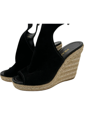 Prada Black Suede Open Toe Espadrille Slingback Wedges *NEW*