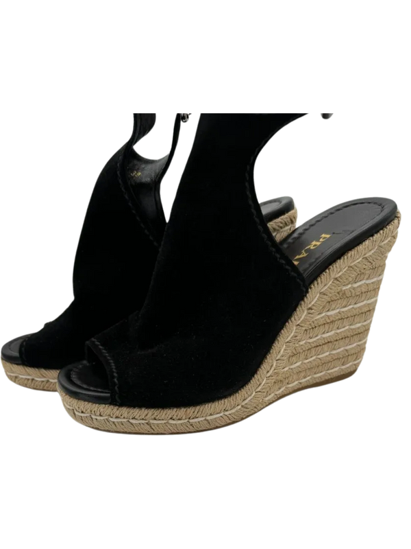 Prada Black Suede Open Toe Espadrille Slingback Wedges *NEW*