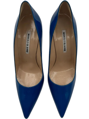 Manolo Blahnik Blue Patent Leather BB Pointed Toe Pumps - Size 39