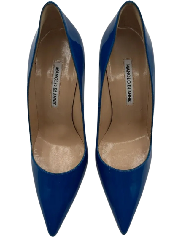 Manolo Blahnik Blue Patent Leather BB Pointed Toe Pumps - Size 39