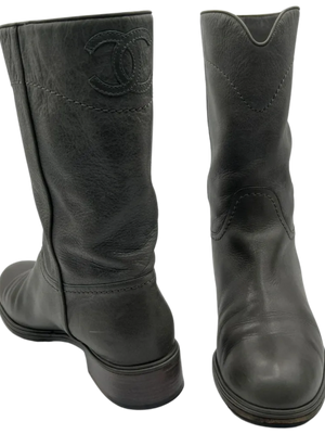 Chanel Grey Leather Mid Calf Boots